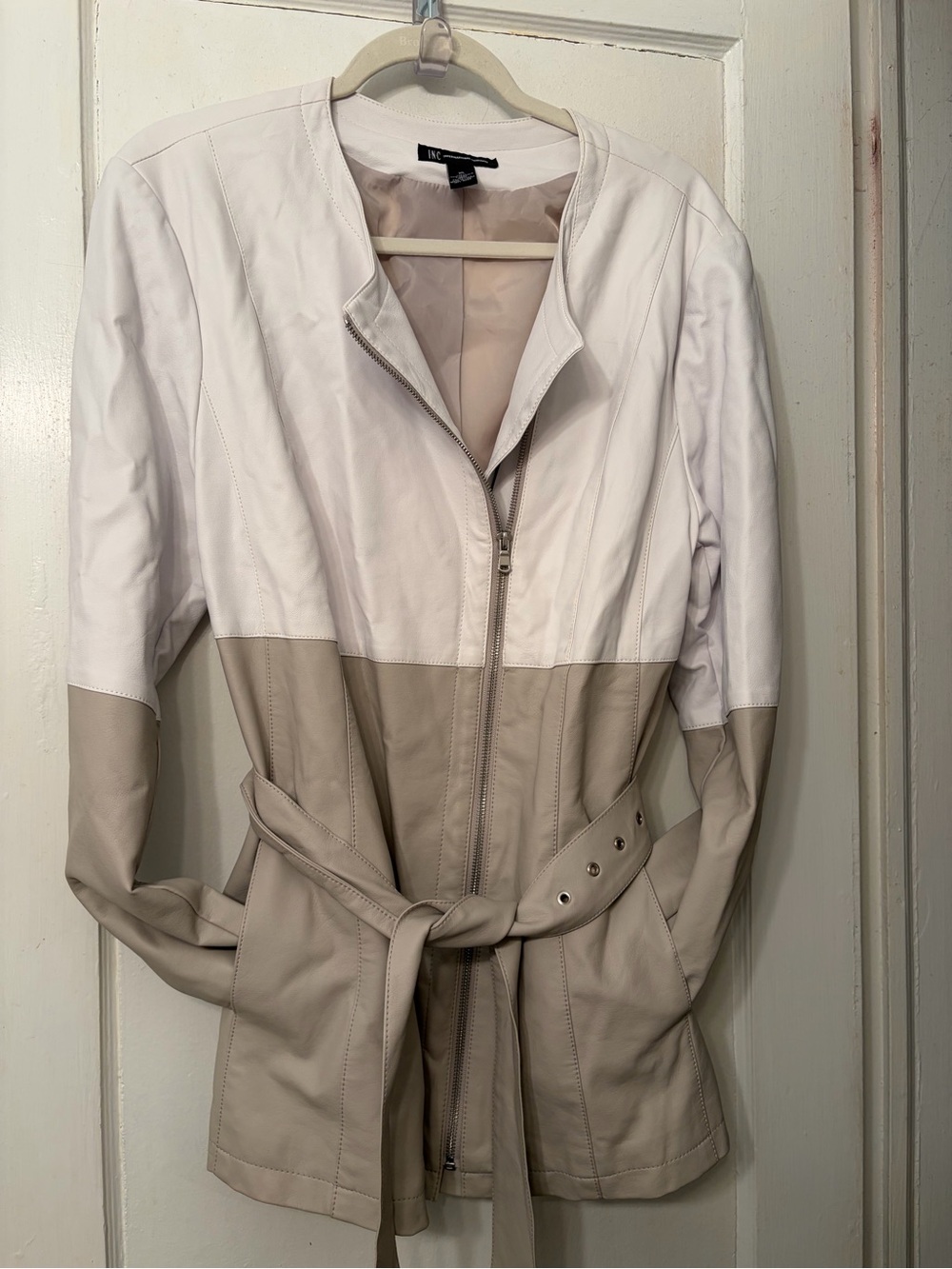 INC International Concepts Faux  White and Taupe Two-Tone Belted Jacket
